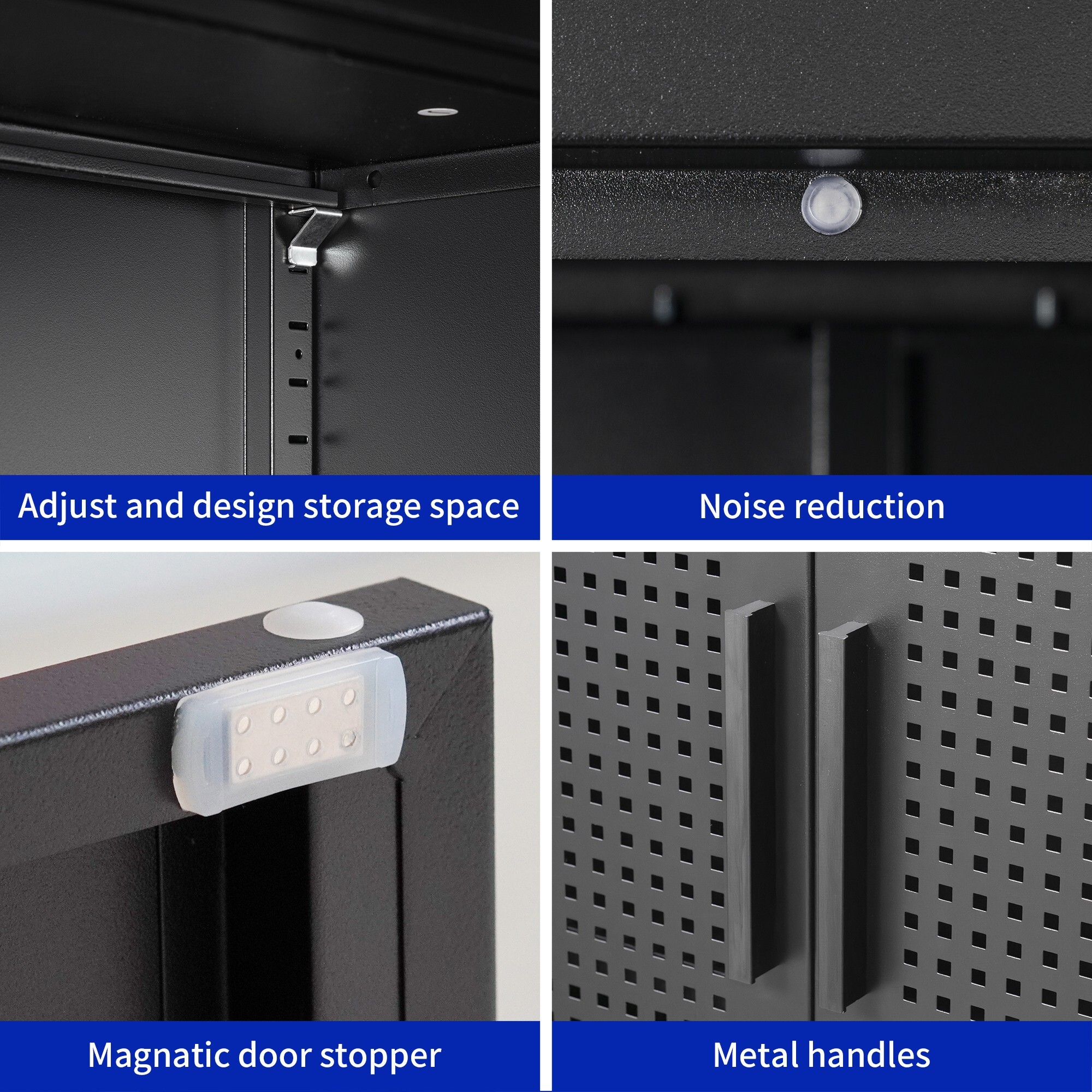 AENKYO Heavy-Duty Steel Cabinet with Ventilated Grid Doors & Gold Handle, Adjustable Shelves, for Home & Office, Black