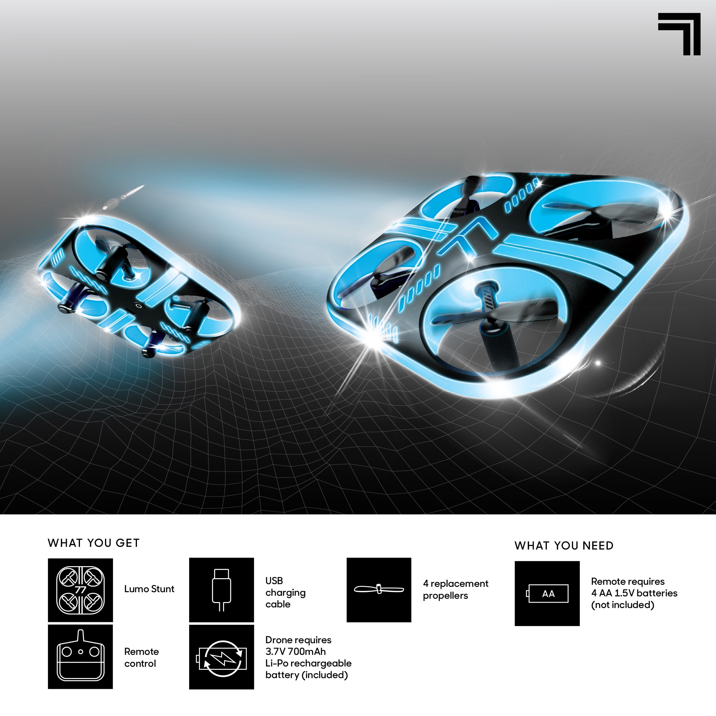 Sharper Image® Lumo Stunt Remote Control LED Glow Drone, Long Range Wireless Control, 3 Light Modes