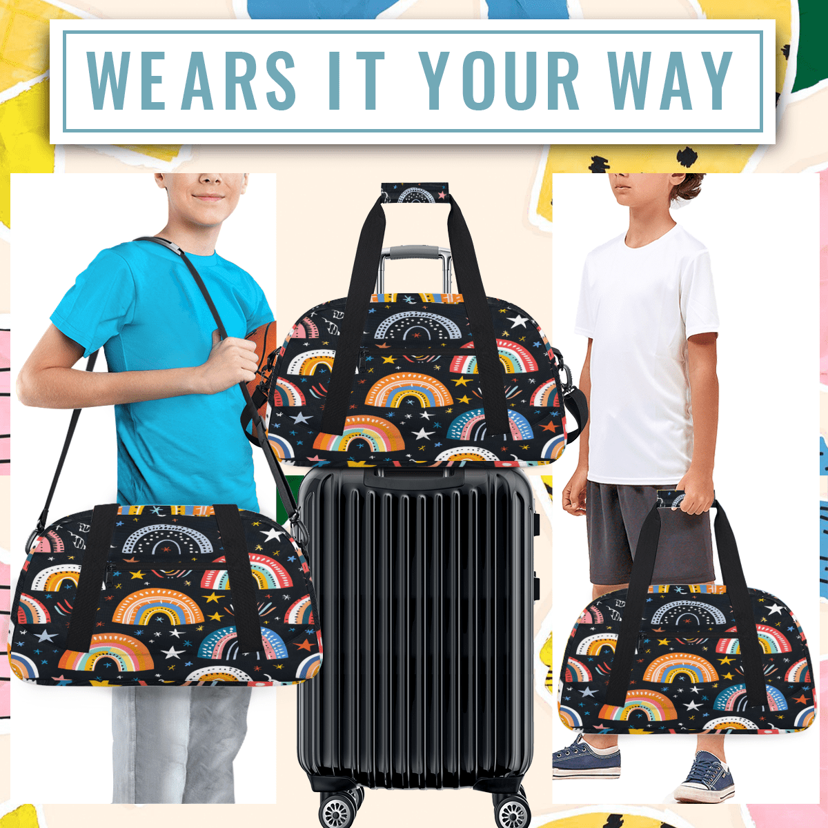 Herdesigns Cute Retro Rainbow Sports Duffle Bag for Women & Men, Gym Bag Dance Bag Overnight Bag Carry On Weekender Travel Bag