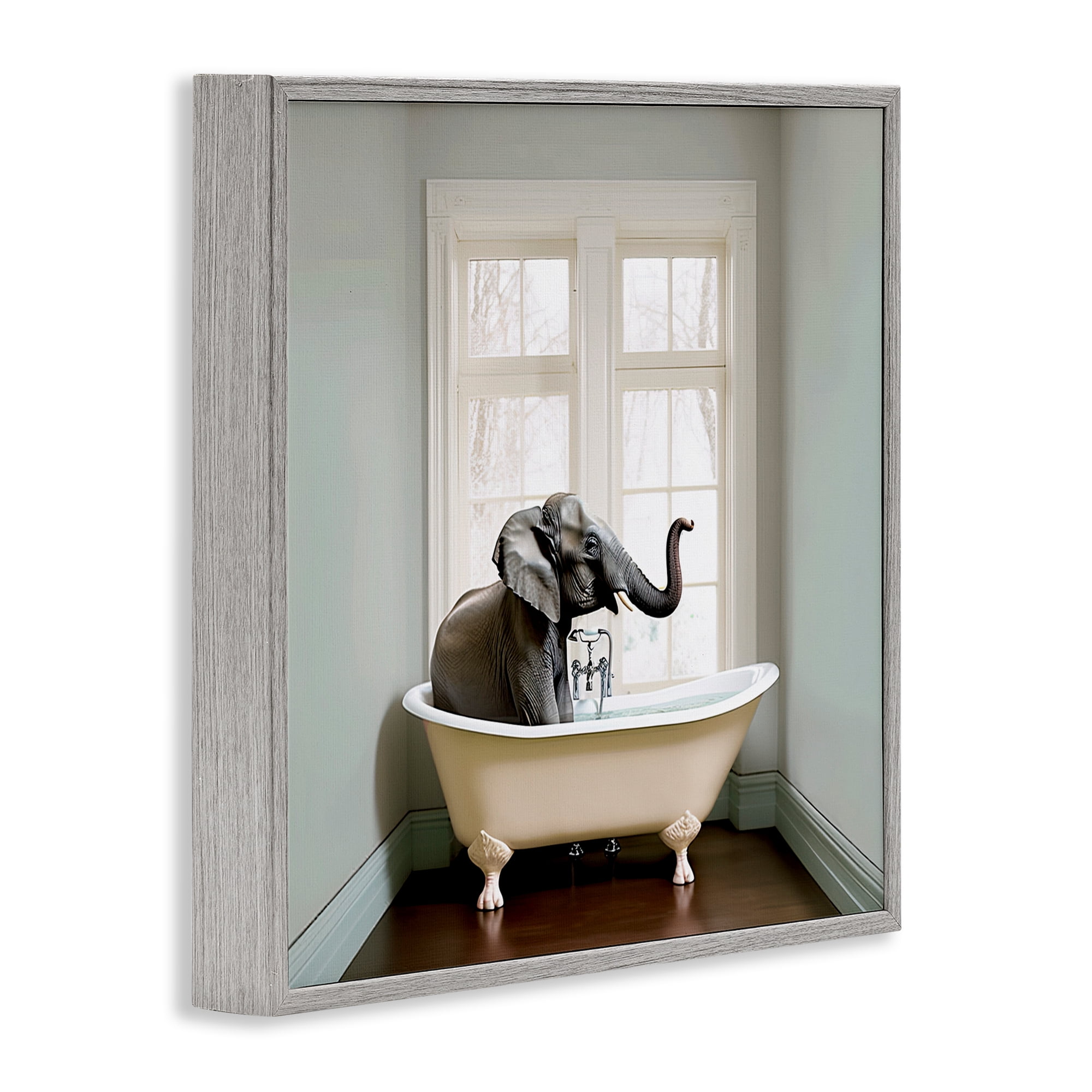Minimal Elephant Bathtime Gray Framed Giclee Art, design by Sasha