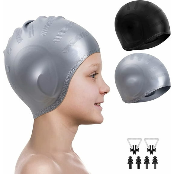 2 Pack Kids Swim Caps for Boys Girls, Durable Silicone Swimming Cap with 3D Ear Pockets for Age 3-15 Toddler Child Youth Teen