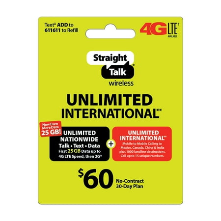 Straight Talk $60 Unlimited International** 30 Day Plan (with up to 25GB of data at high speeds, then 2G*) (Email