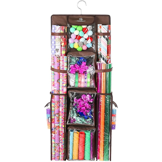 Double Face Organisateur d'Emballage Cadeau Suspendu Grand Sac de Rangement pour Rouleaux de Papier d'Emballage 16” x 41” Solution d'Organisation de Sac Cadeau de Placard Résistante et Gain de Place Fermetures Éclair Robustes (Marron) Marron