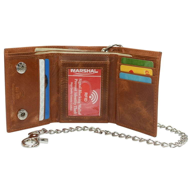 RFID Blocking Men's Tri-fold Leather Biker Silver Chain Wallet