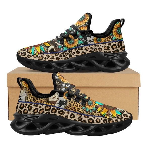 Zapatillas de deporte con plataforma y amortiguación de aire transpirables para mujer, diseño de leopardo y girasol, de malla, con cordones Peace and Love