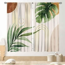 Boho Leaf Kitchen Curtains, Mid Century Modern Abstract Green Tropical Palm Leaves Minimalist Geometric Arch Print Drapes for Bedroom Living Room Bathroom 2 Panels, 84"x63" Inch