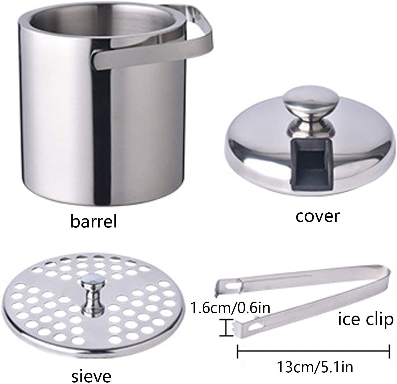 Ice Bucket 2L with Lid,Scoop,Tongs, Small Double Wall Insulated Stainless  Steel Ice Bucket Wine Bucket for Cocktail Bar and Parties