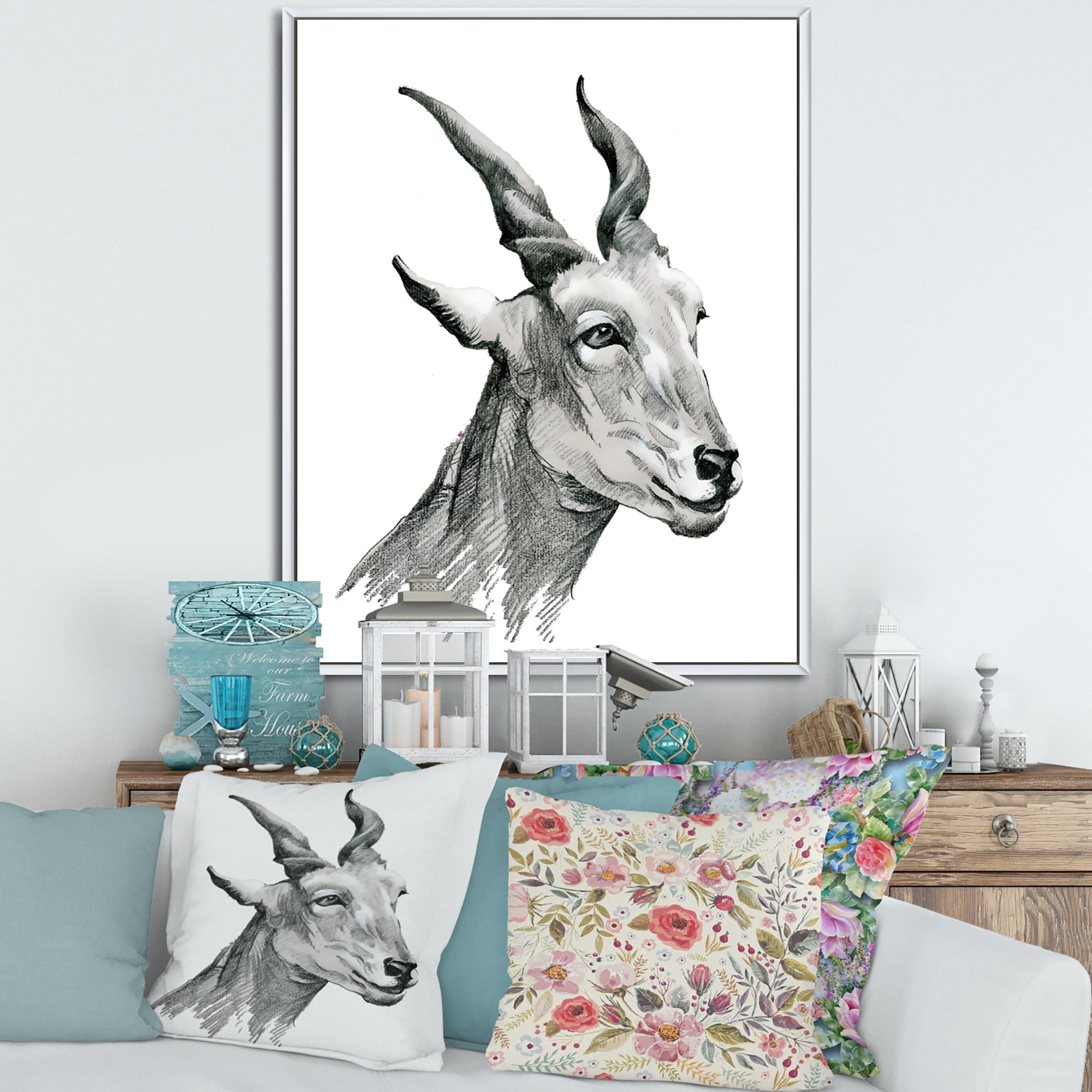 Designart 'Black and White Portrait Of Goat I' Farmhouse Framed Canvas Wall Art Print
