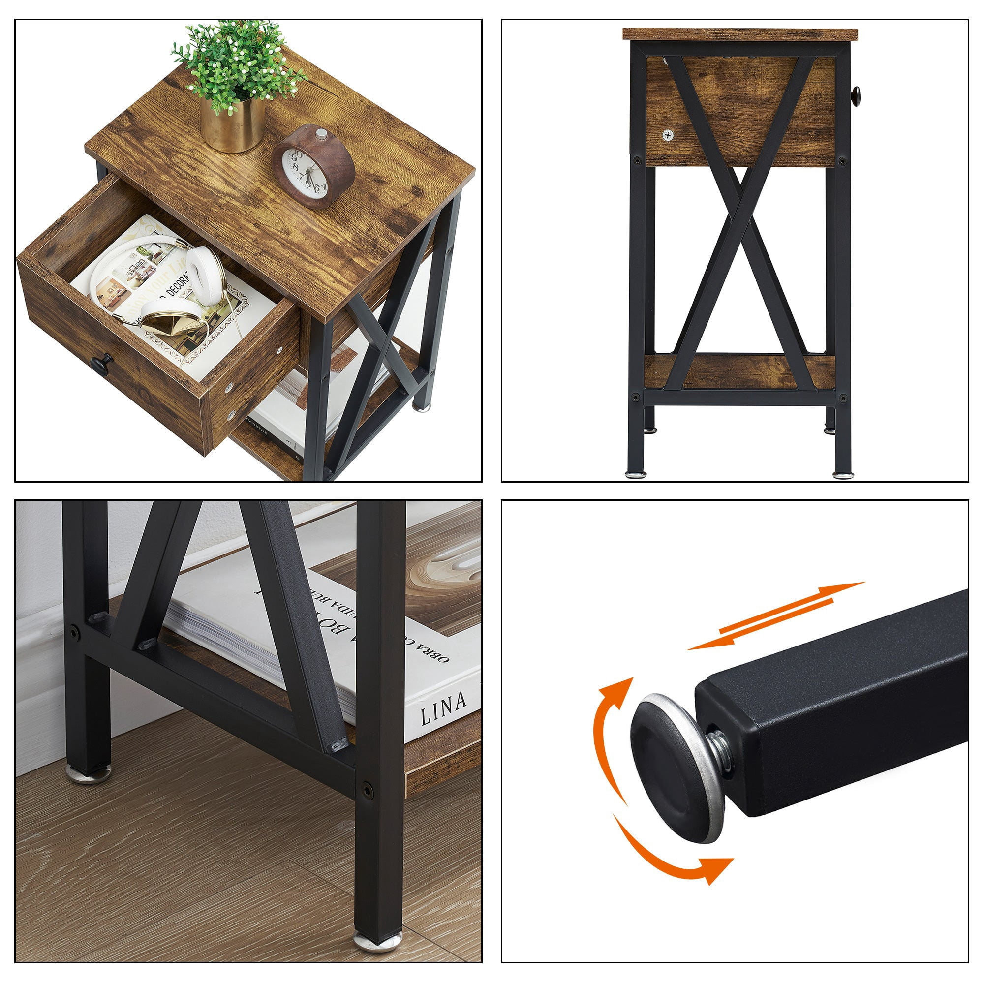 VECELO Nightstands Set of 2, Industrial End Table with 1-Drawer & Storage Shelf, Small Bedside Table Organizer for Small Space, Side Table for Bedroom Living Room, Antique Brown