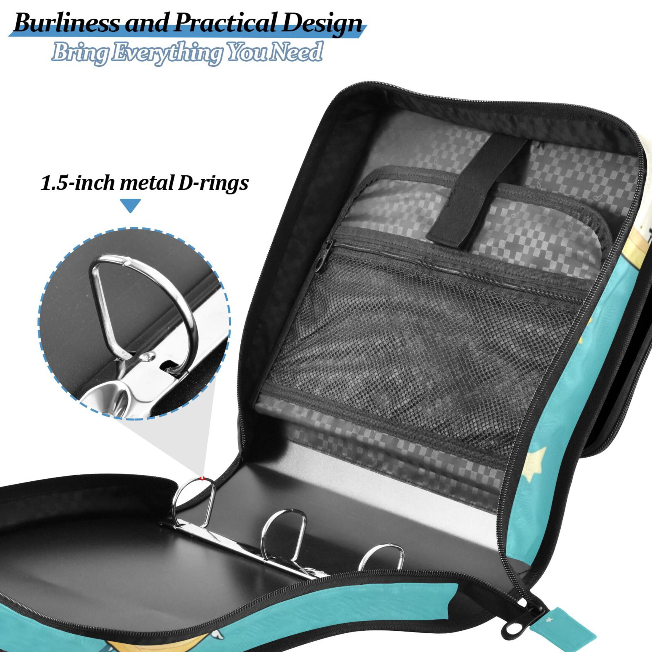 3 Ring Zipper Binder with Shoulder Strap Waterproof Trapper Keeper 2 Inch D-Ring 500 Sheets Capacity Clock Moon Star