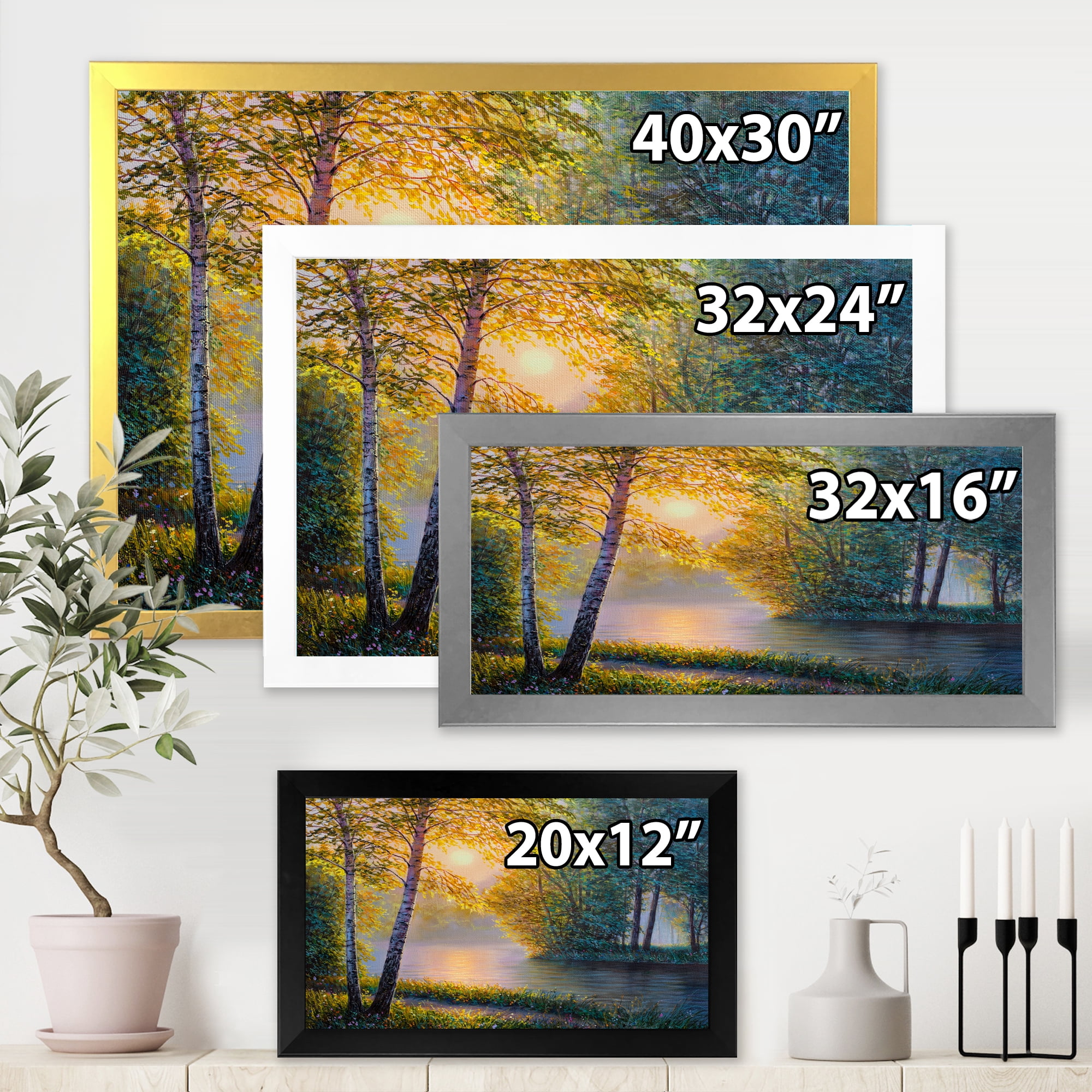 Sunrise Summer With Beautiful River Spring Forest 32 in x 24 in Framed Painting Canvas Art Print, by Designart