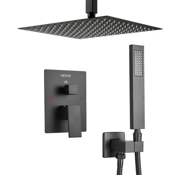 Matte Black 10 Inch Square Rain Shower Head and Handheld Faucet Set