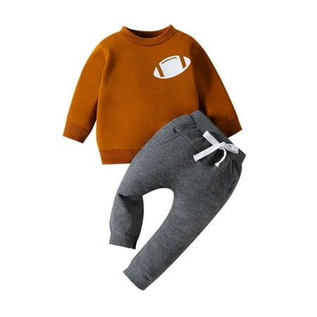 

TAIAOJING Baby Girl Christmas Clothes Toddler Boys Long Sleeve Letter Cartoon Rugby Football Prints T Shirt Pullover Tops Pants Outfits 9-12 Months