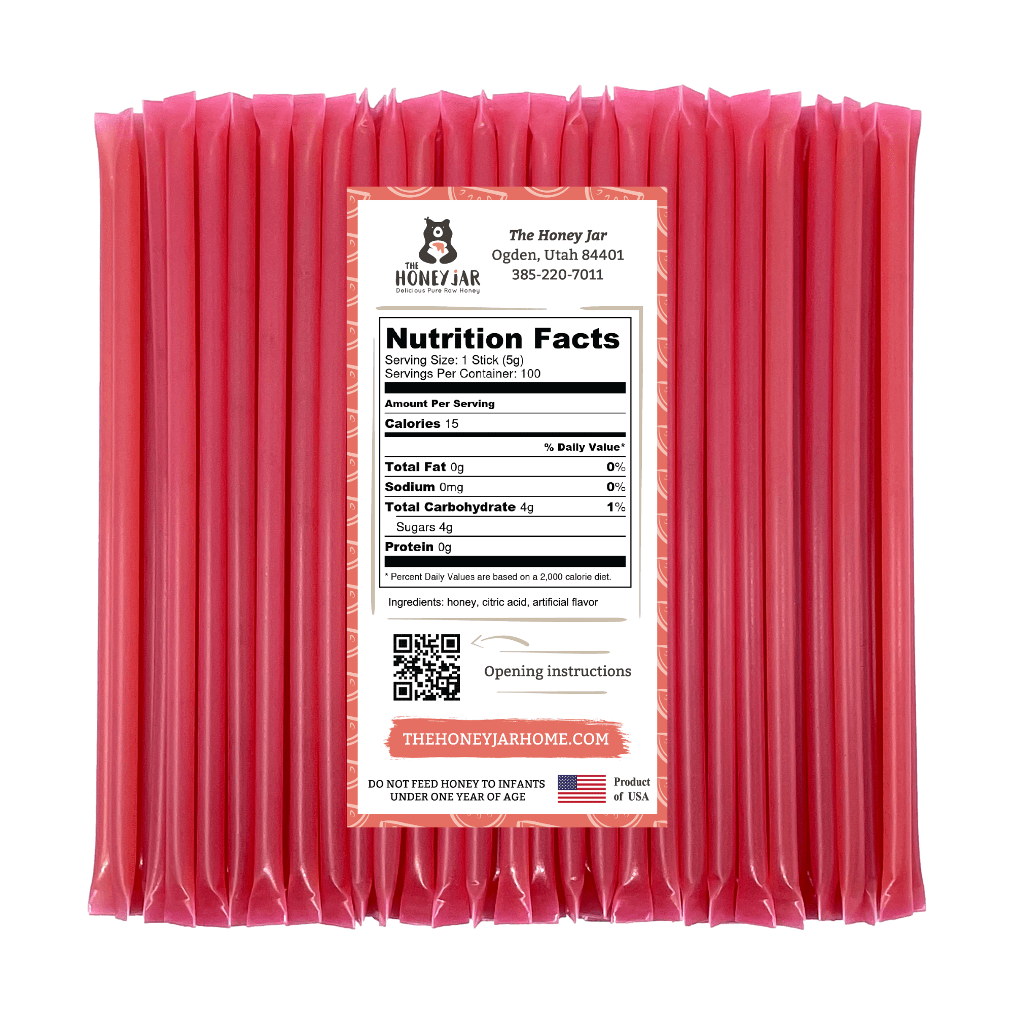 The Honey Jar - Watermelon Flavored Honey Sticks - 100 Count Package