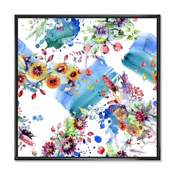 Wildflowers and Vibrant Wild Spring Leaves IX 16 in x 16 in Framed Painting Canvas Art Print, by Designart