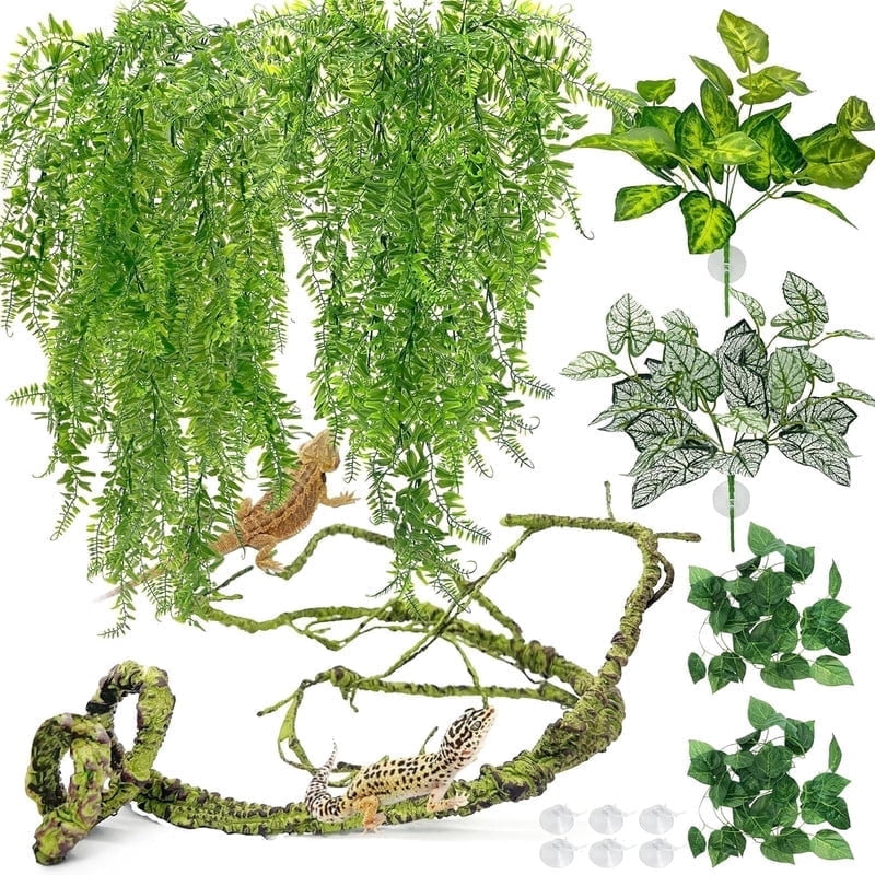 Smlper 7 Pack Reptile Plants Bendable Climbing Vines Terrarium Hanging Artificial Leaves, Bearded Dragon Tank Accessories, Habitat Decor for Snake Leopard Gecko Lizard Chameleon