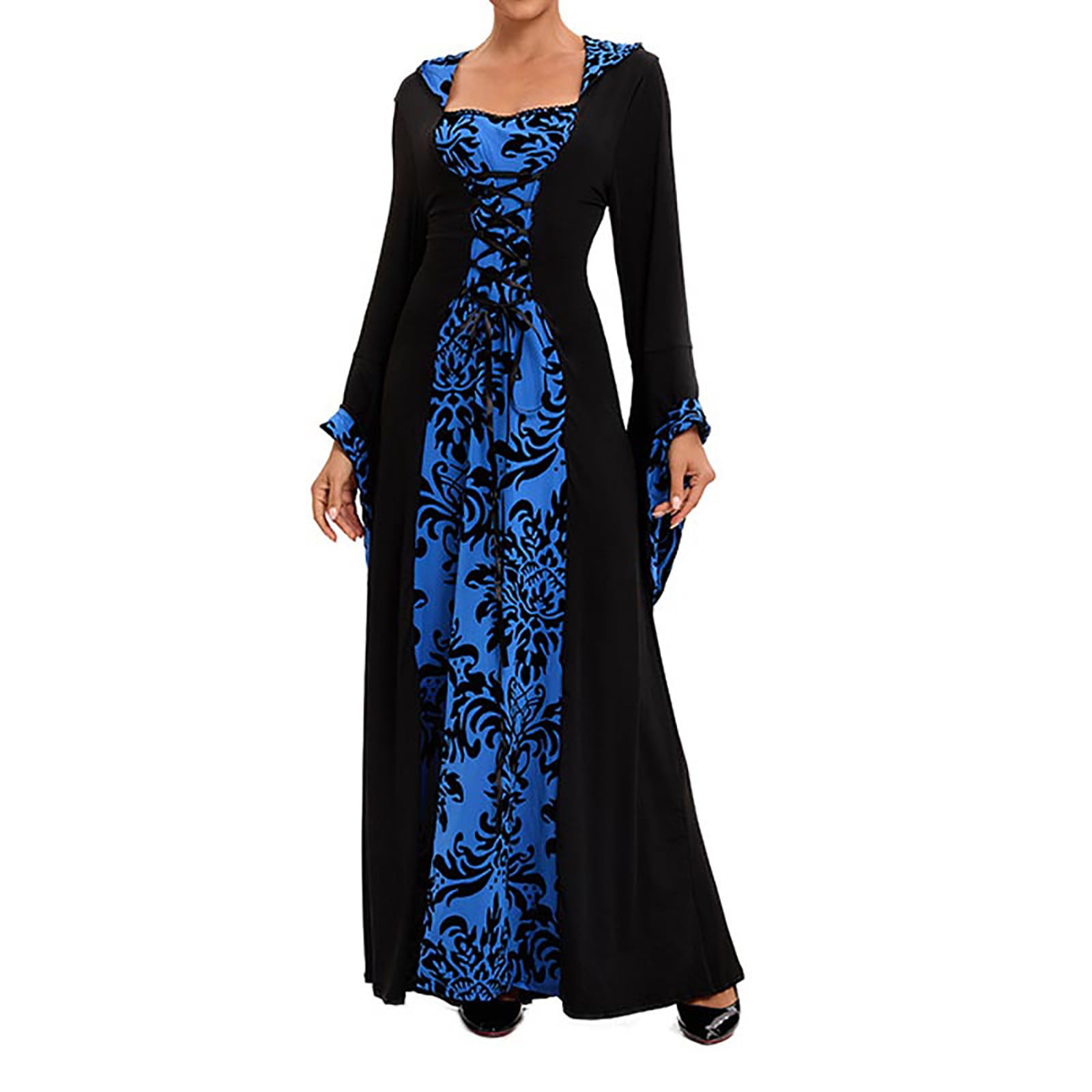 BiZtdJrK Plus Size Medieval Dress for Women Hooded Trumpet Sleeve Renaissance Princess Dresses Elegant Floor Length Maxi Dress Cosplay Halloween Costume Lightning Sales Blue