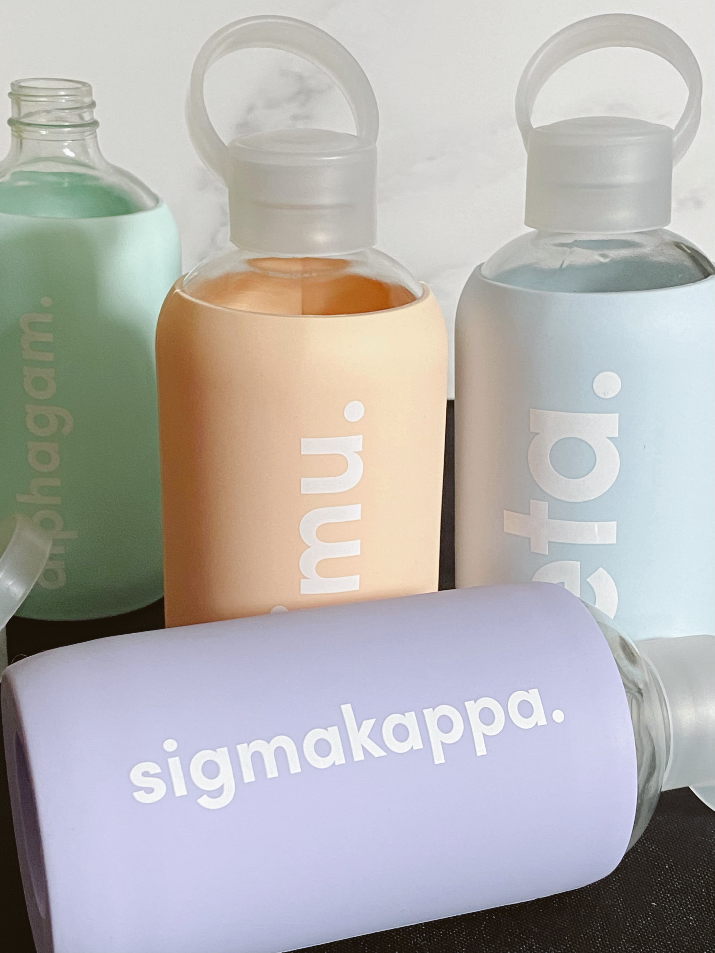 Sorority Shop Sigma Sigma Sigma Glass Water Bottle with Silicone Sleeve - 16 Oz Reusable Water Bottle with Leakproof Cap