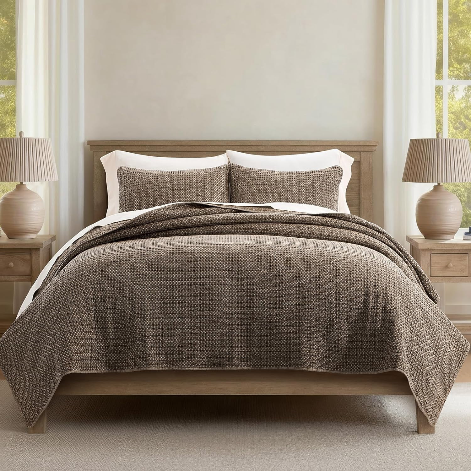 EverGrace Stonewashed 100% Natural Cotton Waffle Quilt Set King Size 3 Pieces, Durable, Textured & Substantial Bedding, Quilted Coverlet Bedspread with 2 Shams for All Seasons, Mushroom Brown