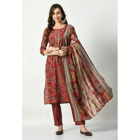 S MAJIDA Kurta Set for Women Ethnic Motifs Polyster Blend Kurta Pant Dupatta with 3/4 Sleeve