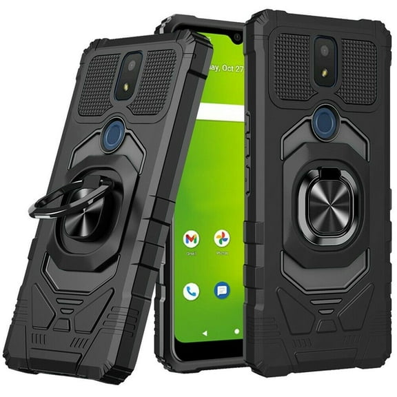 Kaleidio Case For Cricket Icon 3, Cricket Splendor, AT&T Motivate 2 (2021) [Robotic Hybrid] Rugged Shockproof [Ring Stand] Magnetic Armor Impact Cover [Black/Black]