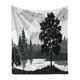 thumbnail image 1 of Nature Soft Flannel Fleece Blanket, Nature Theme Landscape with Trees Birds Cloudy Sky and the River Idyllic Scenic, Cozy Plush for Indoor and Outdoor Use, 50" x 60", Black and Grey, by Ambesonne, 1 of 6