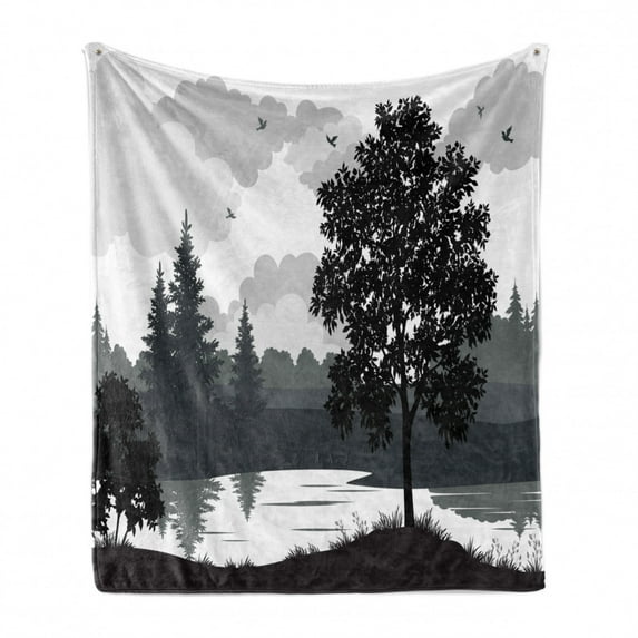 Nature Soft Flannel Fleece Blanket, Nature Theme Landscape with Trees Birds Cloudy Sky and the River Idyllic Scenic, Cozy Plush for Indoor and Outdoor Use, 50" x 60", Black and Grey, by Ambesonne