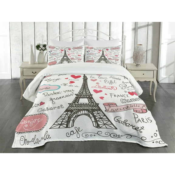 Ambesonne Eiffel Tower Quilted Bedspread Set 3 Pcs, Paris Letter Heart, Queen Size, Black White Pink