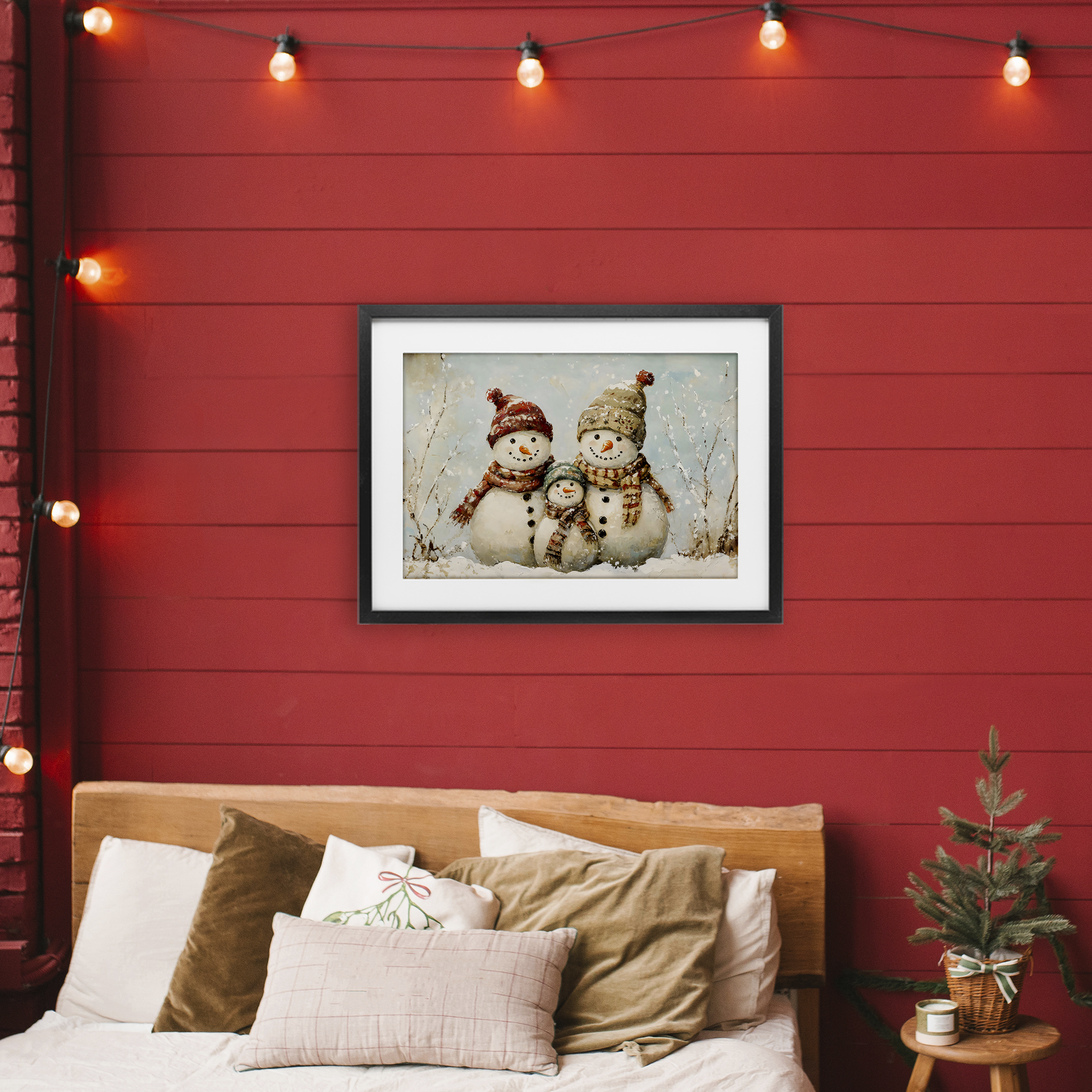 Snowman Family Of Three Black Framed Print Under Glass, design by Petal Prints Design