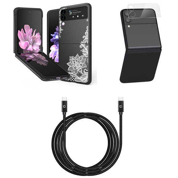 Bemz Premium Bundle for Samsung Galaxy Z Flip 3 5G: Slim Snap-On Protector Case (Henna Flower), Rear Camera Glass Protector, Nylon Braided USB-C to USB-C Cable (4 Feet)