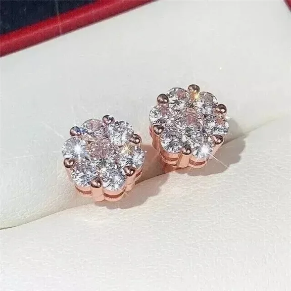 14K Rose Gold Plated 1Ct Round Cut Lab Created Diamond Flower Stud Earrings