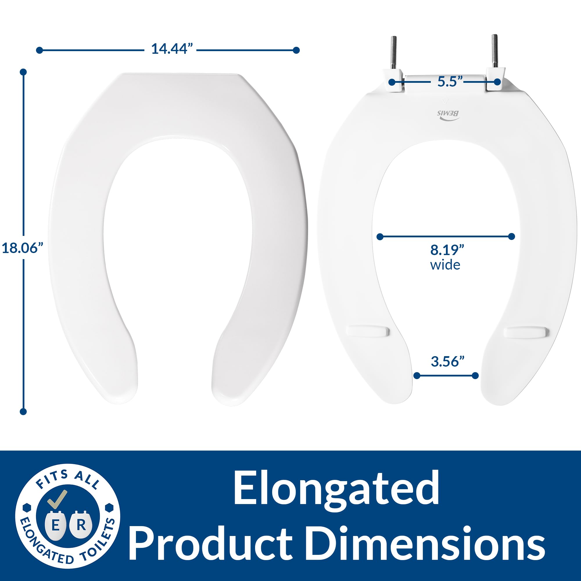 BEMIS 1055SSC Commercial Slow Close Open Front Plastic Toilet Seat, Heavy Duty Industrial Seat without Lid for Long Lasting Use, Elongated, White