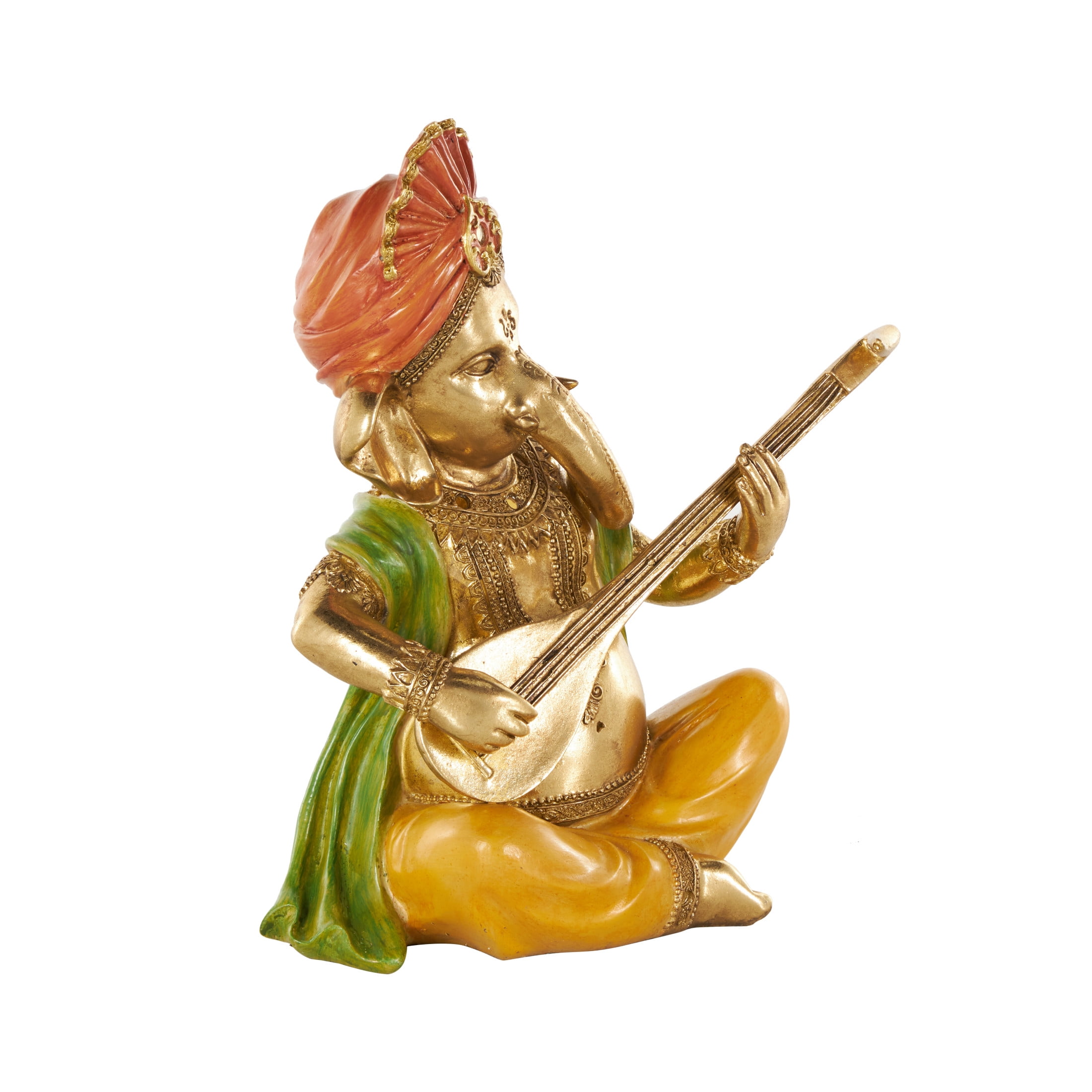 9" x 11" Gold Resin Musician Ganesh Sculpture with Green, Yellow, and Red Accents, by DecMode