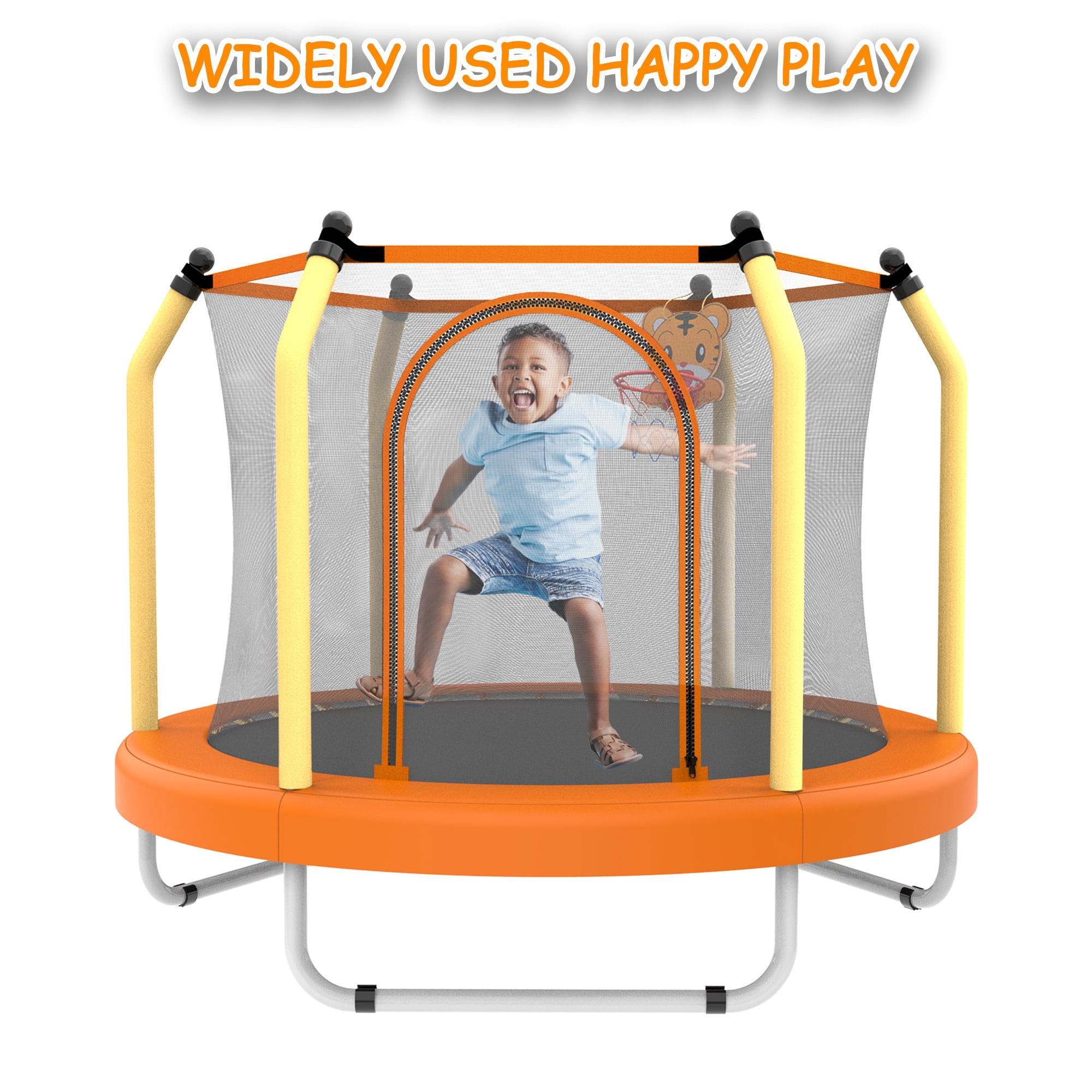 LIZEVINC 55-Inch Outdoor Toddler Trampoline with Enclosure Net, Mini Round Trampoline for Kids with Basketball, Small Trampoline Gifts for Boy and Girls,Yellow