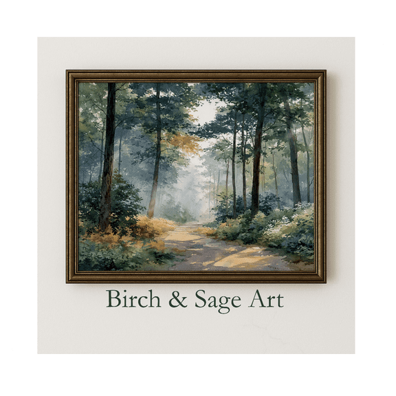 Peaceful Forest Path Wall Art Soft Green Woodland Trail Serene Nature Landscape Poster Calm Cottage Decor H496