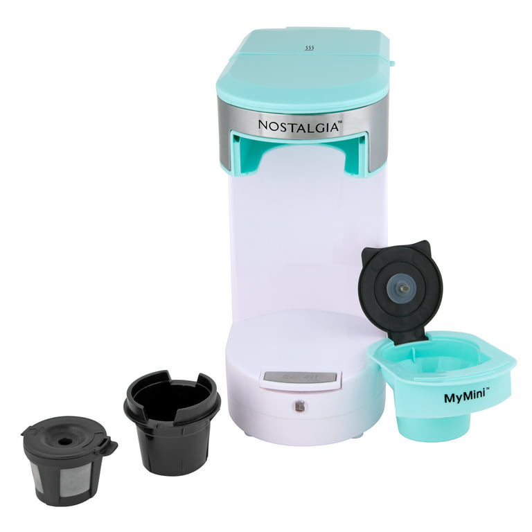  Nostalgia MyMini Single Coffee Maker, Brews K-Cup & Other Pods,  Serves up to 14 Ounces, Tea, Chocolate, Hot Cider, Lattes, Reusable Filter  Basket Included, Aqua: Home & Kitchen