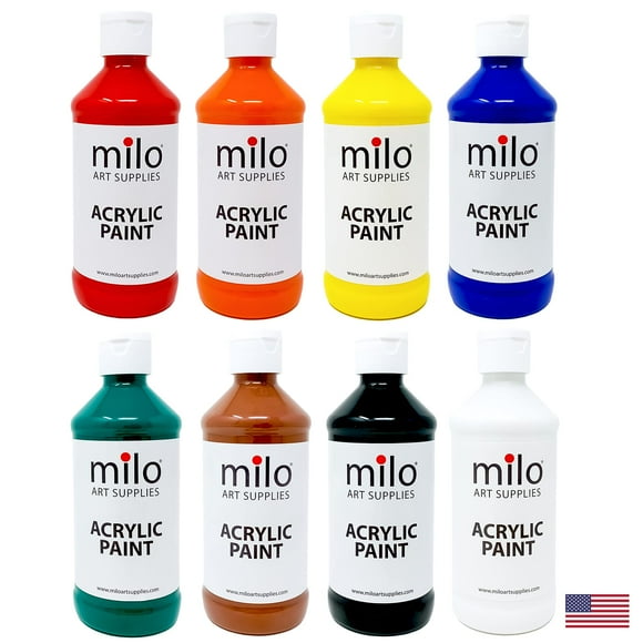 milo Acrylic Paint Set of 8 Colors | 8 oz Bottles | Student Primary Colors Acrylics Painting Pack | Made in the USA | Non-Toxic Art &amp; Craft Paints for Artists, Kids, &amp; Hobby Painte