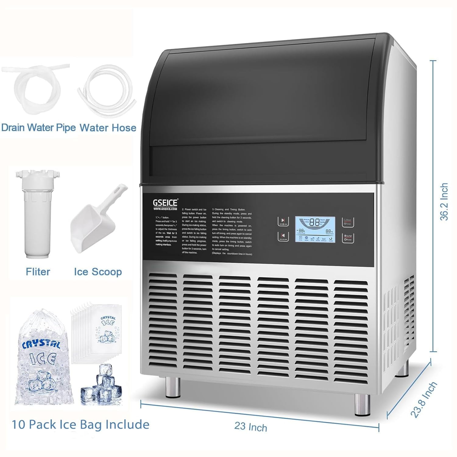 GSEICE ETL-Certified Commercial Ice Maker Machine 90Lbs/24H, Freestanding Fast Business Ice Maker, Self-Cleaning Ice Machine with LED Display for Bar, Office, Cafe, Hotel