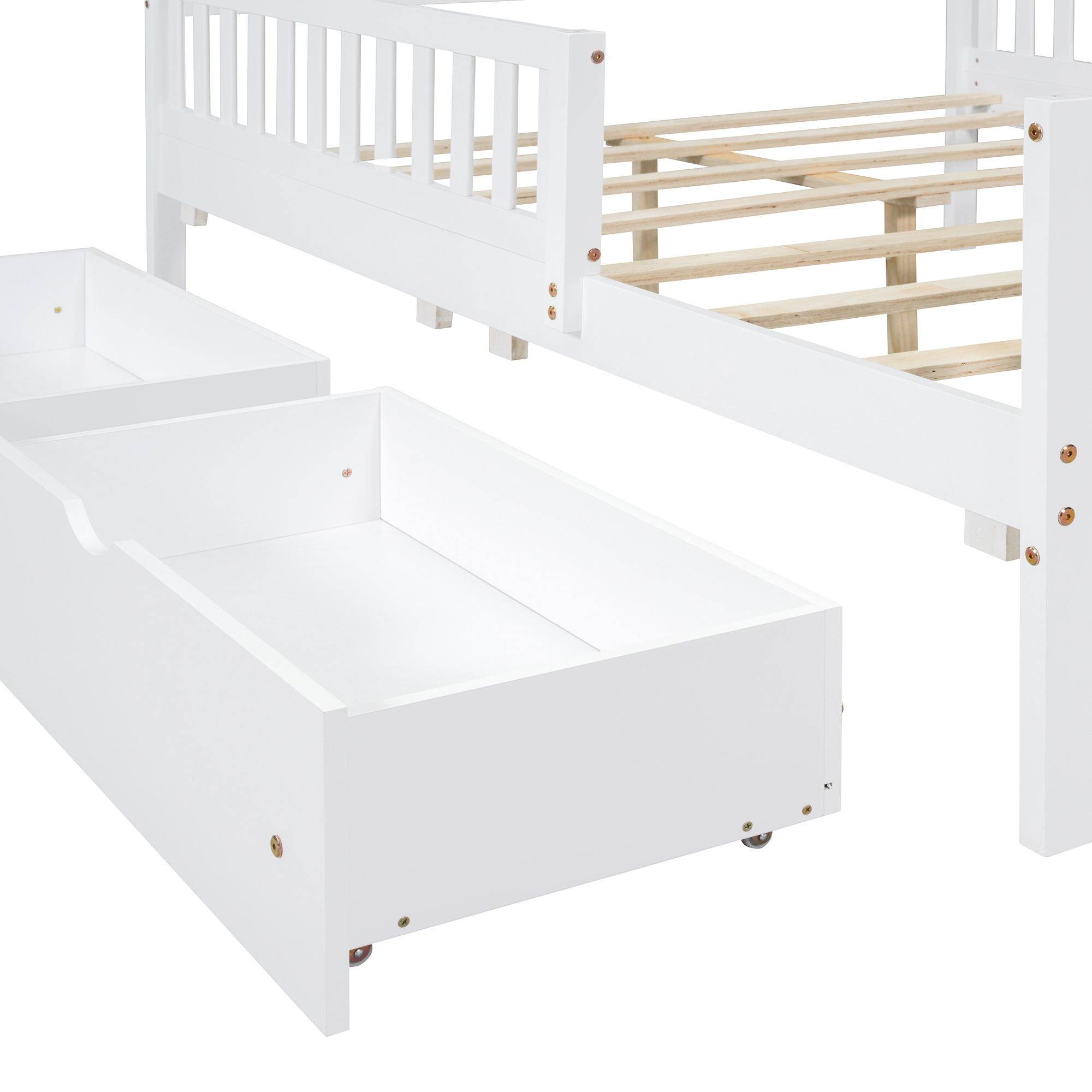Leumius Full Size Wood Platform Bed with Guardrails on Both Sides and Two Storage Drawers for Bedroom Guest Room White
