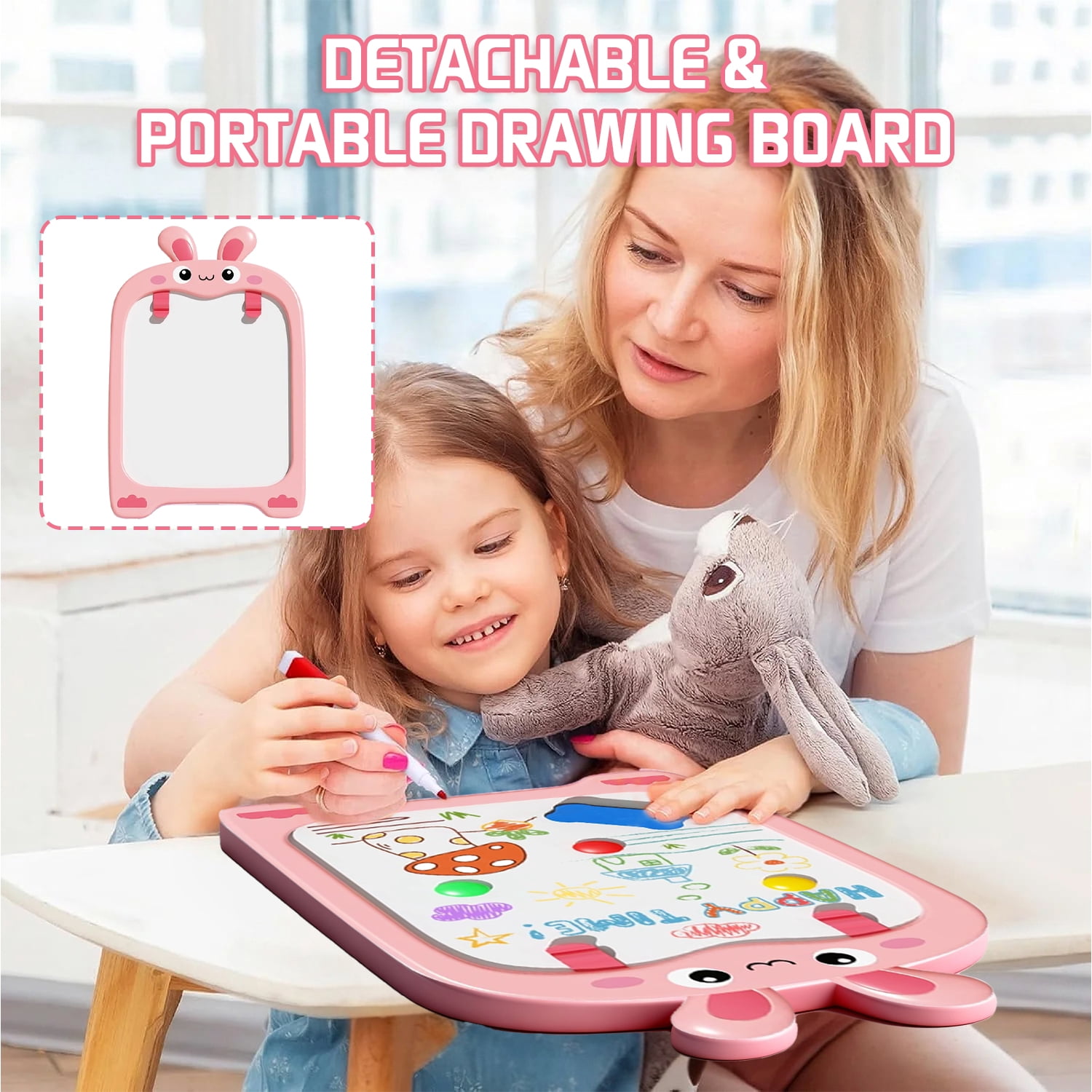Aijohnny Rabbit Easel for Kids, Adjustable Standing Magnetic Drawing Board with Chair for Girls & Boys, Birthday Gift for 3-5 5-8 Year Old