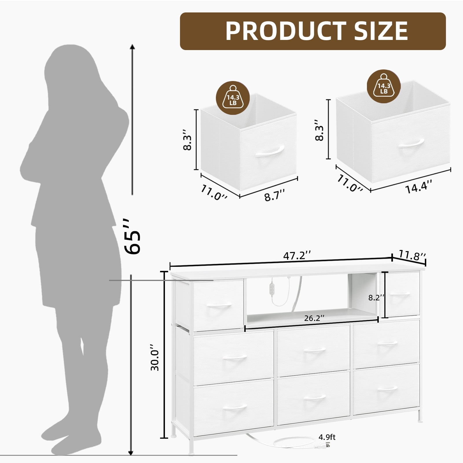 Eunos White Tv Stands for 65" Tv with 8 Drawers, LED & Power Outlets for Bedroom, Living Room