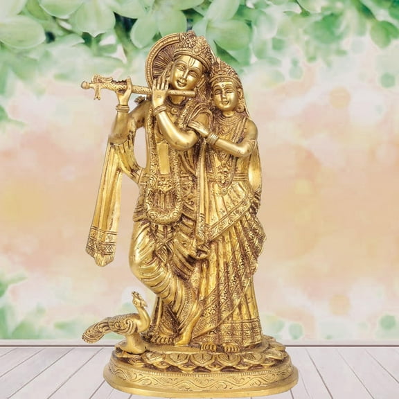 Brass Lord Radha Krishna Idol Playing Flute with Peacock Murti for Home Decor Temple Pooja Room Gift / Height 12 Inch