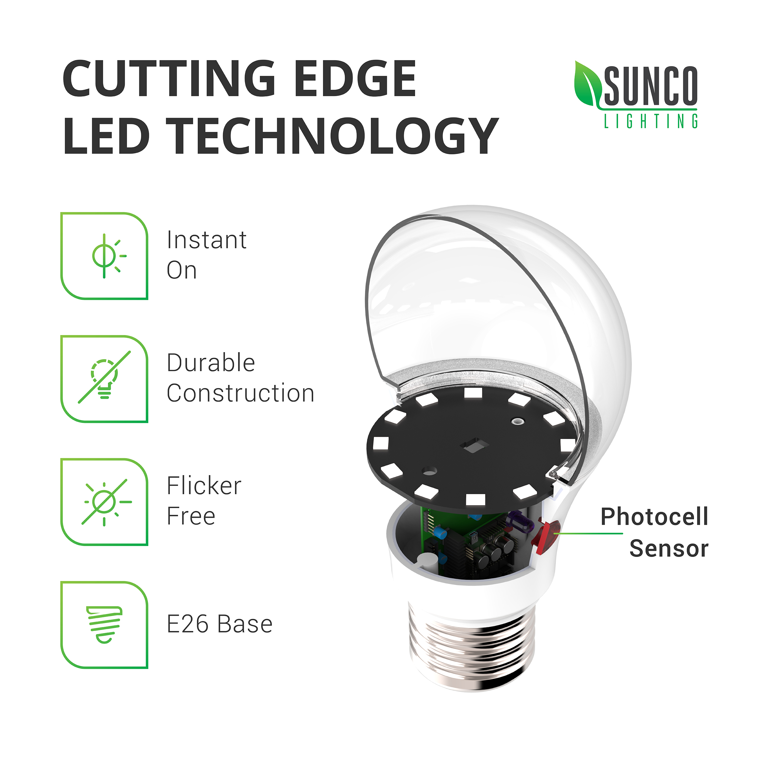 Sunco Lighting 36 Pack A19 LED Bulb with Dusk to Dawn, 9W=60W, 800 LM,  4000K Cool White, Auto On/Off Photocell Sensor UL