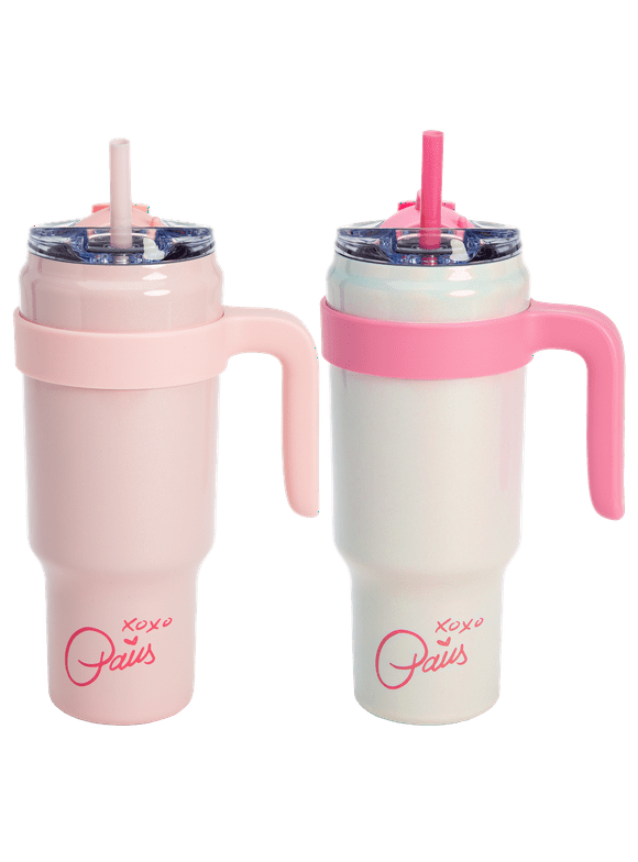 Paris Hilton 40oz Stainless Steel Tumbler Set, Double Wall Vacuum Insulated Cup with Removable Handle, Reusable Straw, Leak-Proof Flip-Top Lid, 40 Ounce, Rainbow Iridescent White and Pink