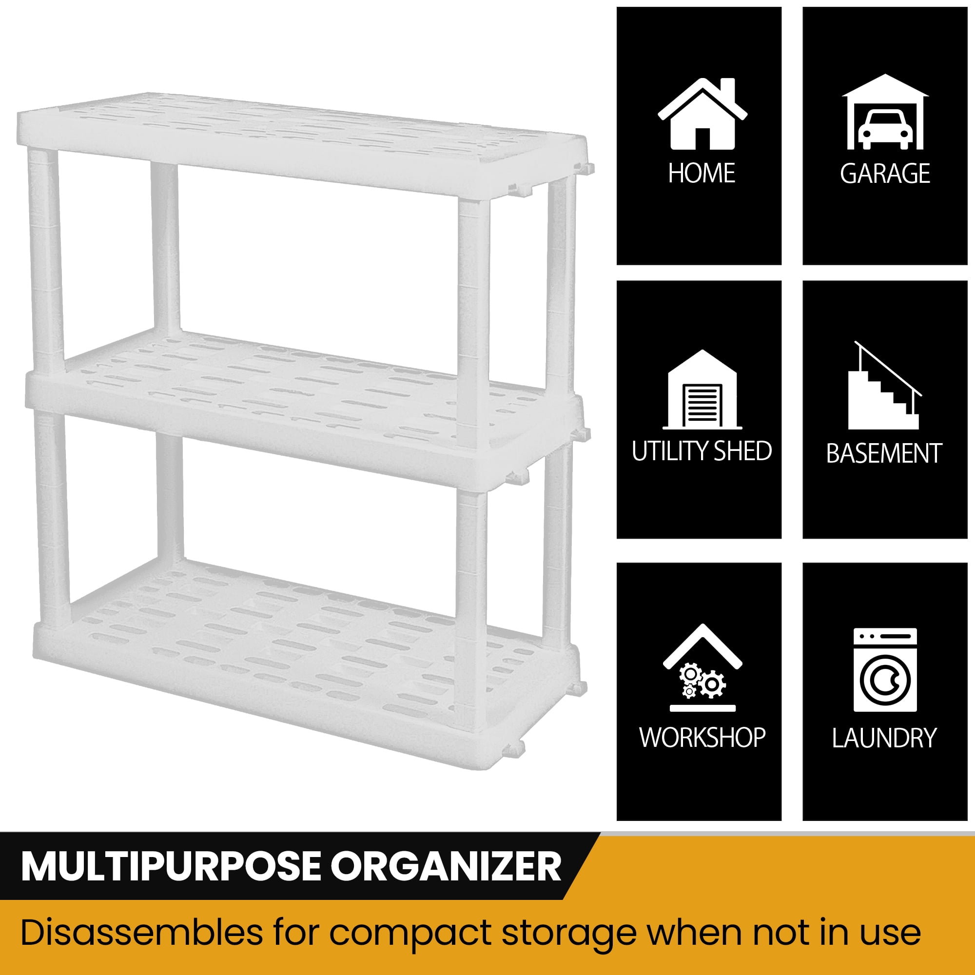 Hyper Tough Plastic Shelving Unit Storage Shelf 3-Tier 38"H x 36"W x 18"D White 450 lbs Capacity