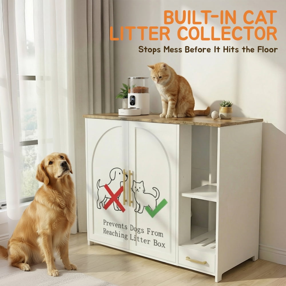 Hidden Cat Litter Box Enclosure Furniture – Large Dog-Proof Litter Box Cabinet with Power Strip, Compatible with Large Self-Cleaning Litter Boxes