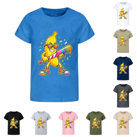 JAJAHO Boys Graphic Tees Funny Banana Print Short Sleeve Crew Neck Loose Fit Summer T Shirt For Kids 2-13Y