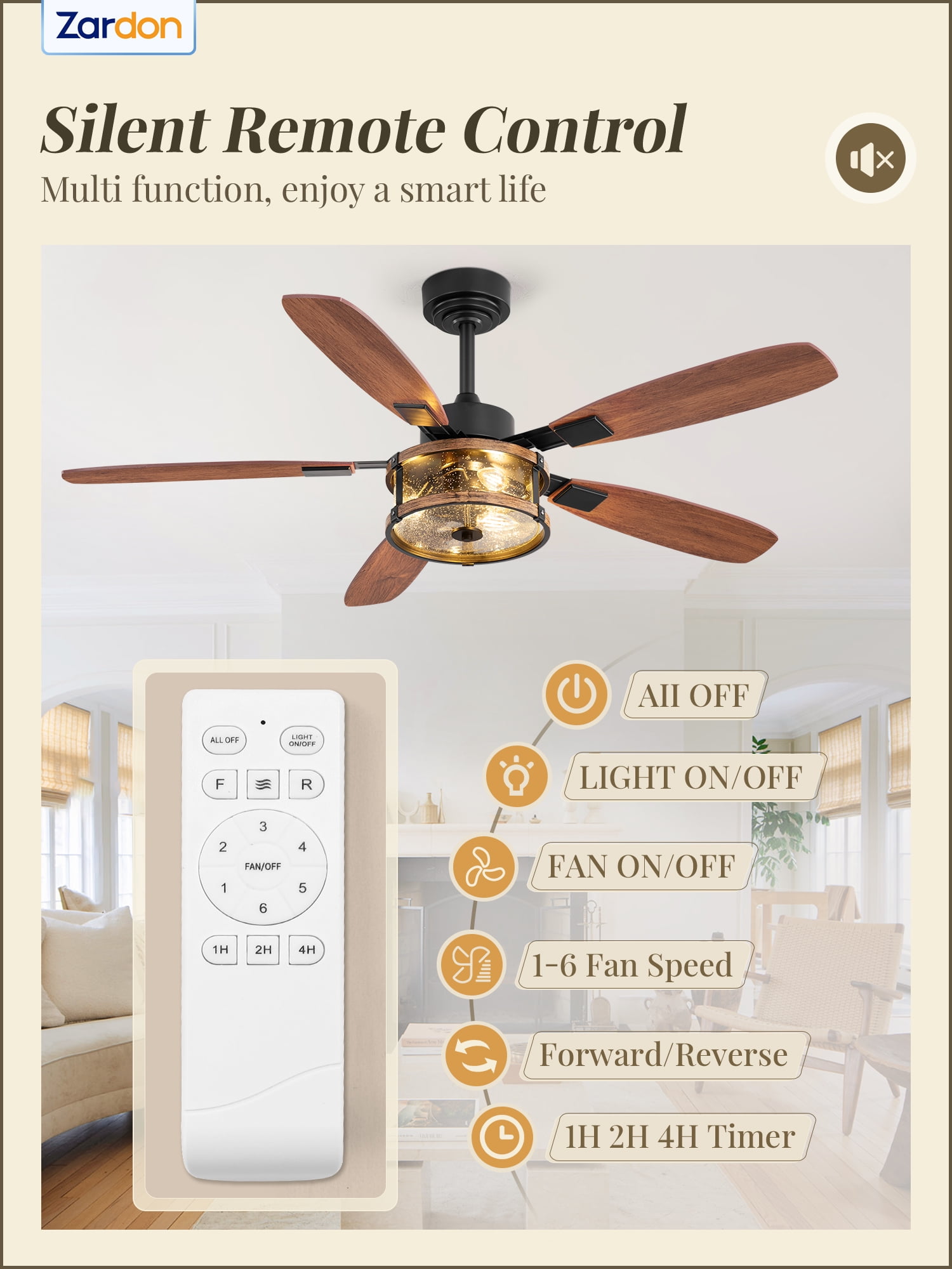 Zardon 52 Inch Farmhouse Ceiling Fan with Light and Remote Control, Quiet Reversible DC Motor, Clear Glass Shade, Dual-Finish Blades for Indoor