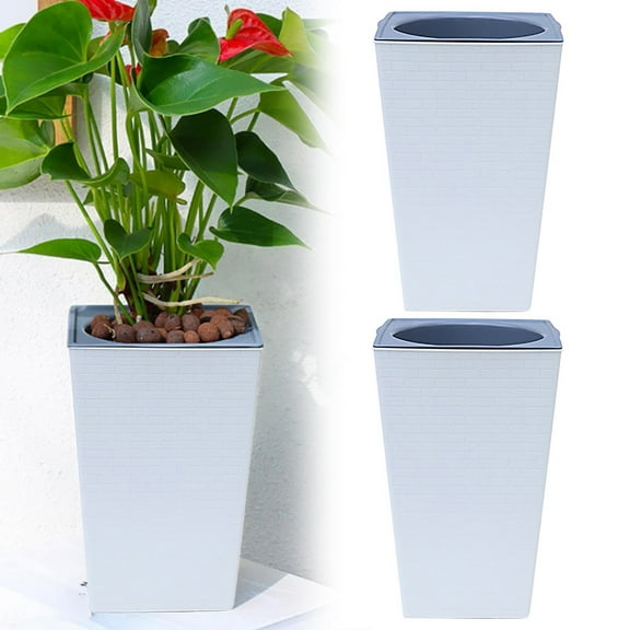 2 Pack Tall Planters Flower Pots for Indoor or Outdoor 8" Plant Pots Tall Flower Pots Tapered Planters with Tray for Porch, Patio, Backyard, Large Planters for Outdoor Indoor Home Decor(White)
