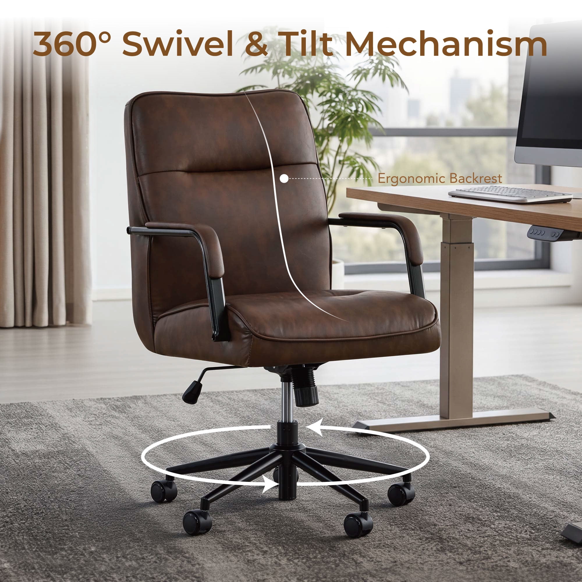 Spruce & Spring Upholstered Swivel Office Chair with Ergonomic High Back, Metal Frame & Upholstered Arms, Espresso Faux Leather